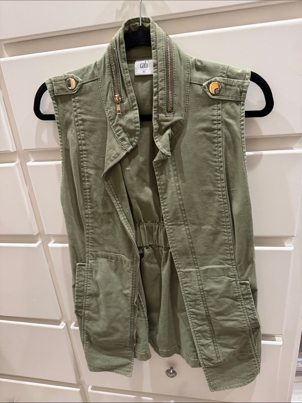 CAbi Olive Utility Vest with Gold Accents